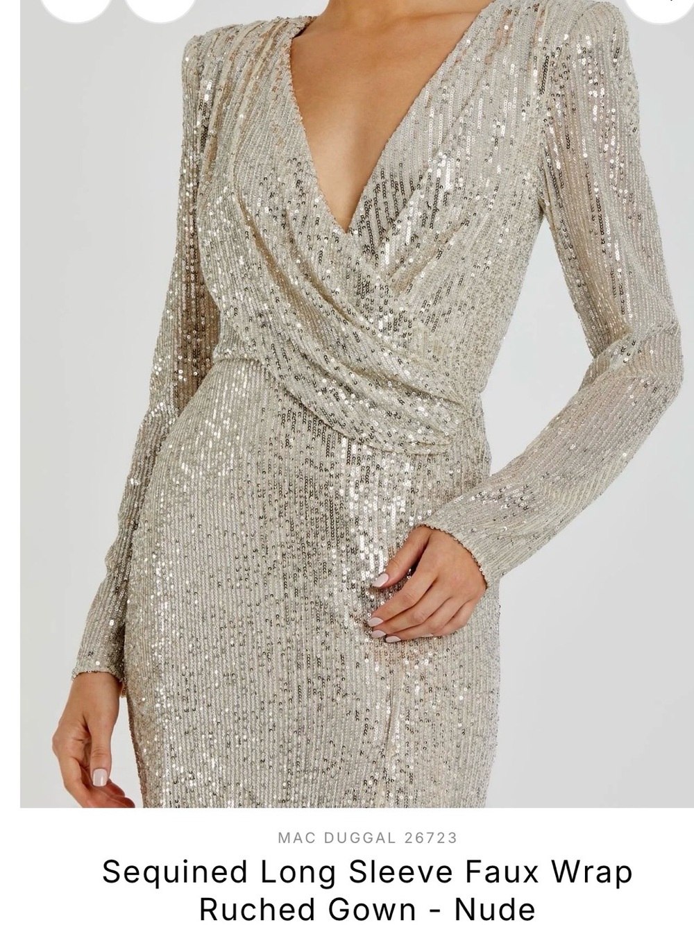Mac Duggal Champagne Sequin Faux Wrap Long Sleeve Gown - Picture 6 of 8